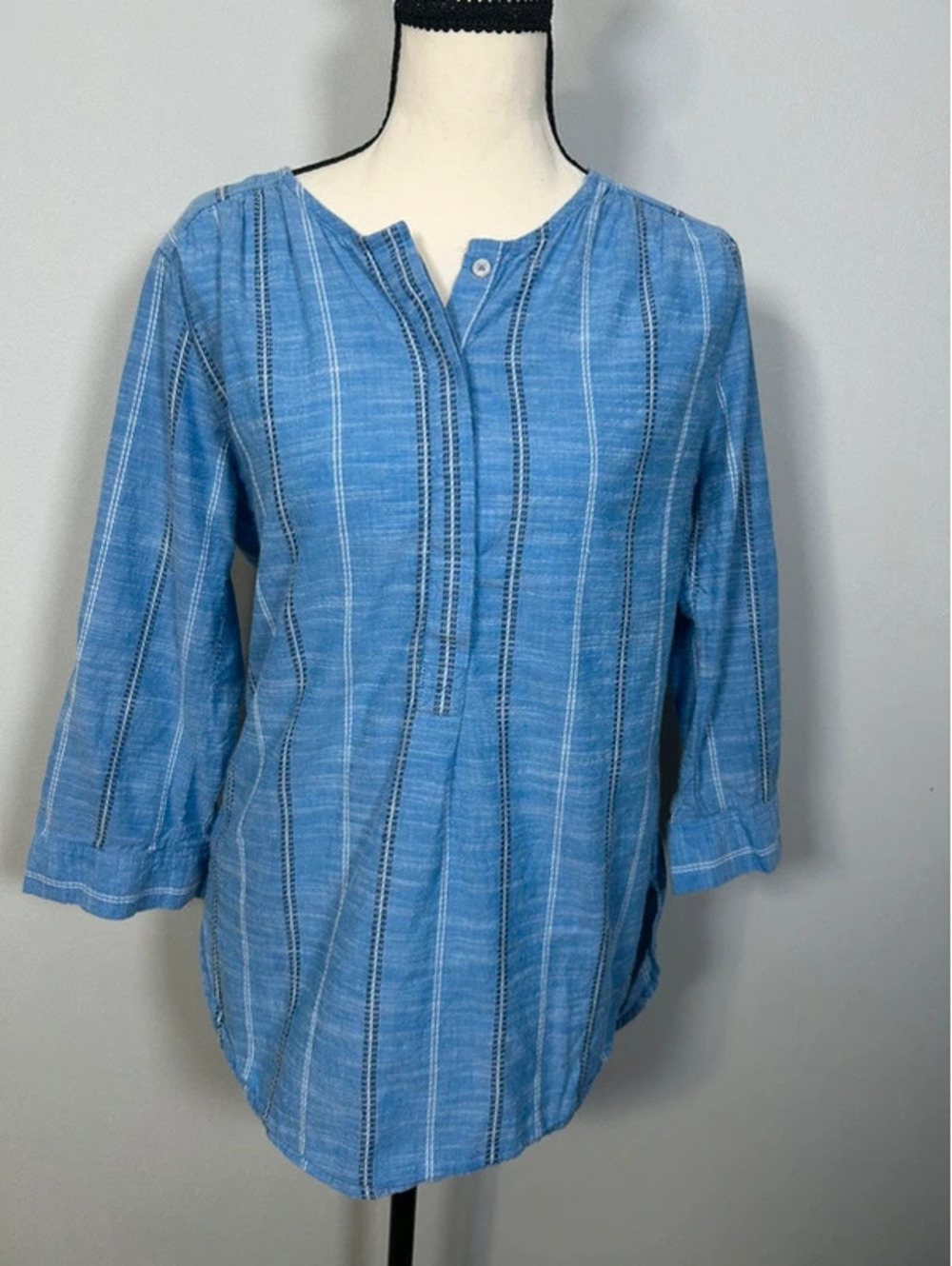 Nine West Jeans Blue Striped Tunic Top S 3/4 Sleeve Boho Casual